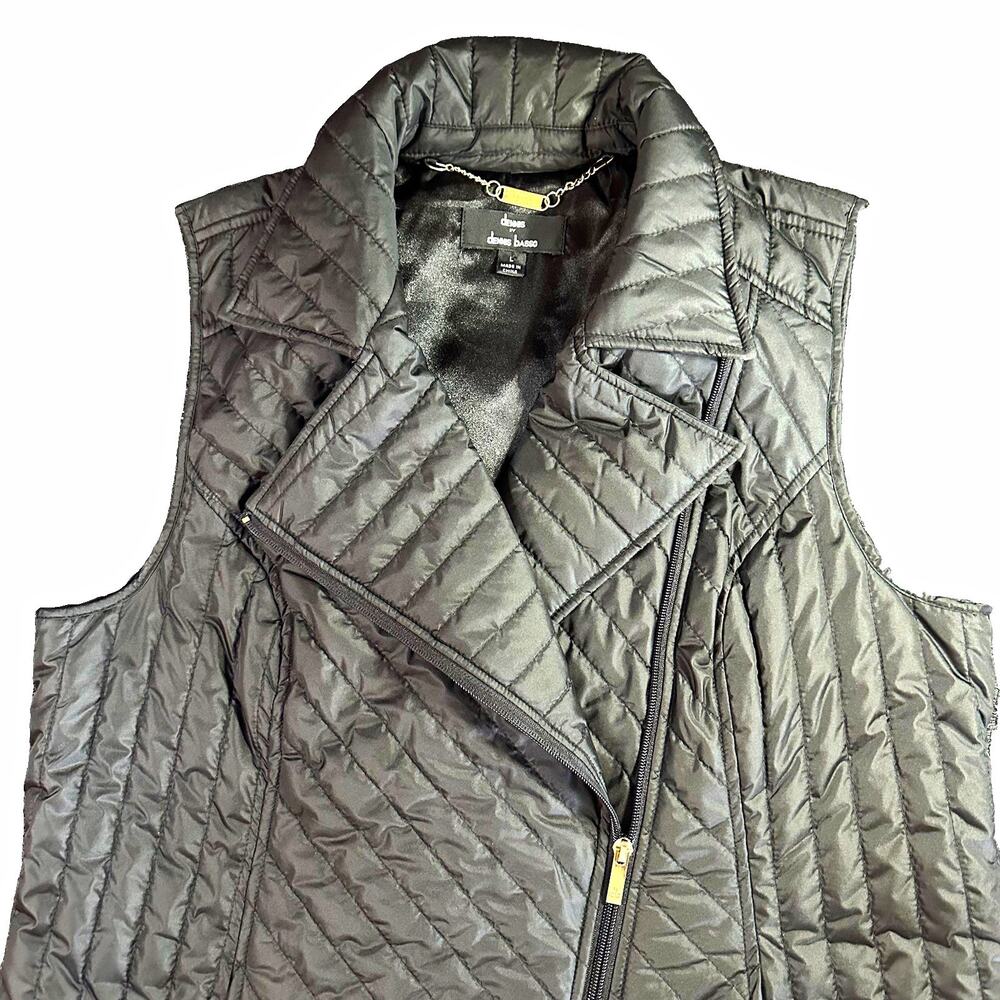 Dennis by Dennis Basso Womens Large Black Quilted Vest Asymmetrical Zip Puffer